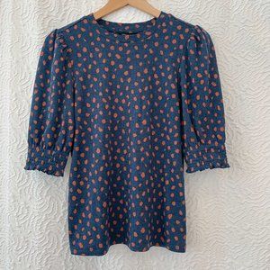LUCKY BRAND Fitted Knit Top Puff Sleeve Navy Orange Dots Sweater Small